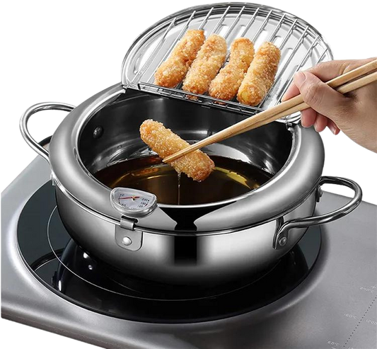 JAPANESE STYLE STAINLESS STEEL DEEP FRYER POT WITH THERMOMETER & OIL DRAINER