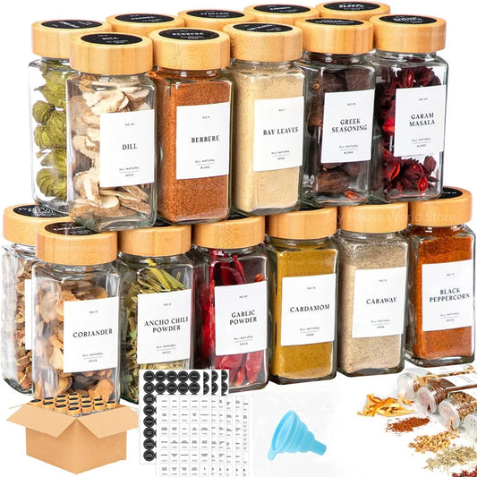 4 OZ GLASS SPICE JARS SET / BOTTLES WITH SPICE LABELS, SHAKER LIDS & AIRTIGHT BAMBOO LID - SILICONE COLLAPSIBLE FUNNEL INCLUDED